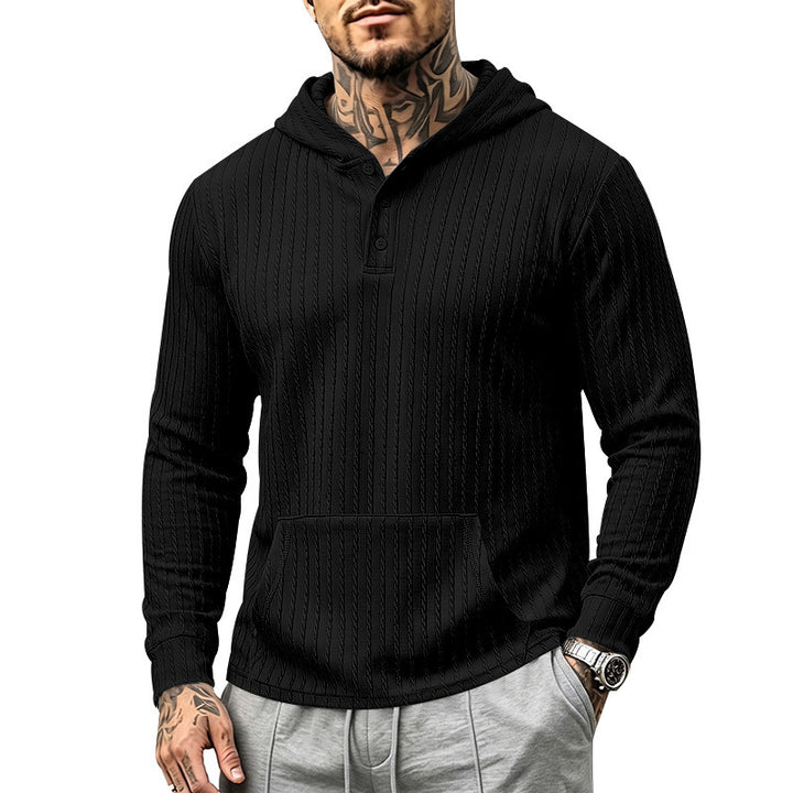 Men's Structured Hooded Henley Sweater with Kangaroo Pocket and Cable Knit Mune Fashion