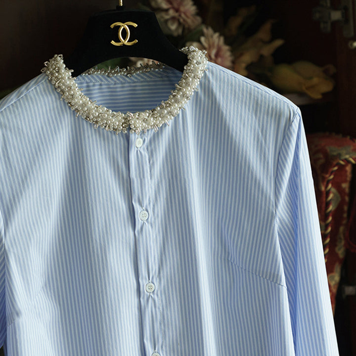 Women Elegant Long Sleeve Blouse with Pearl Decoration Drune
