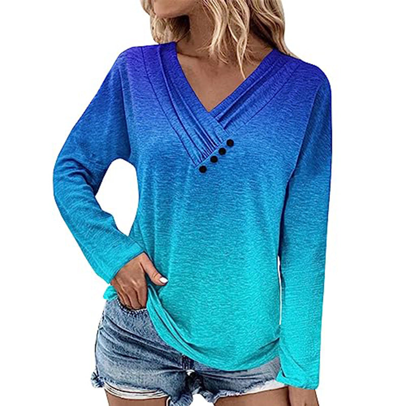Women's Ribbed V-Neck Sweater with Gradient, Decorative Buttons and Relaxed Fit Mune Fashion