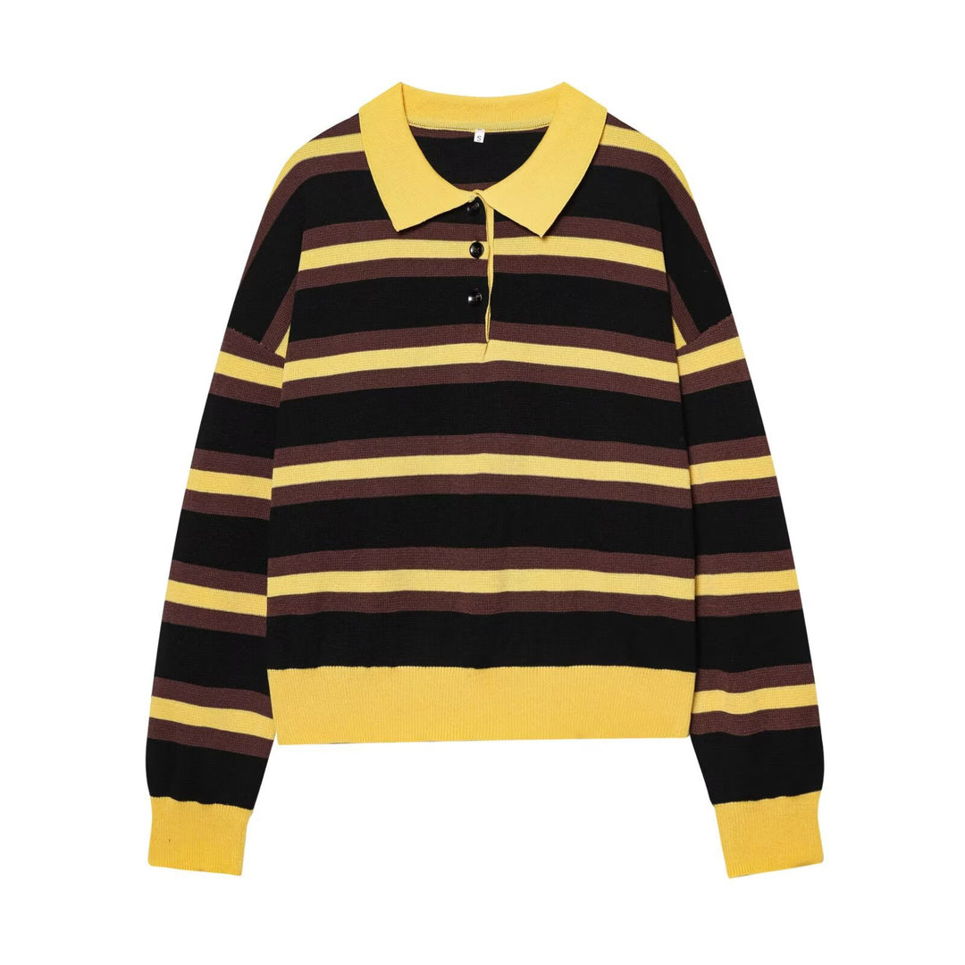 Women Striped Rugby Sweater with Polo Collar and Button Placket Mune Fashion