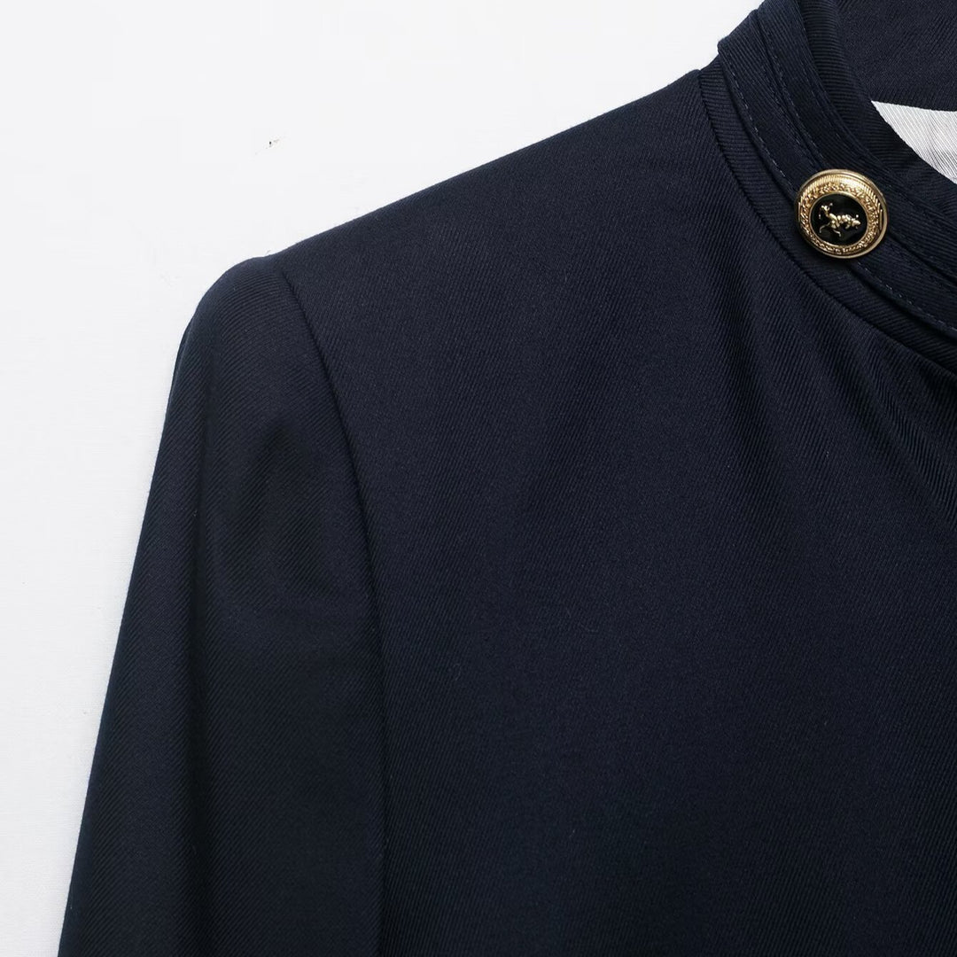 Women's Collarless Short Blazer with Stand Collar and Golden Decorative Buttons Mune Fashion