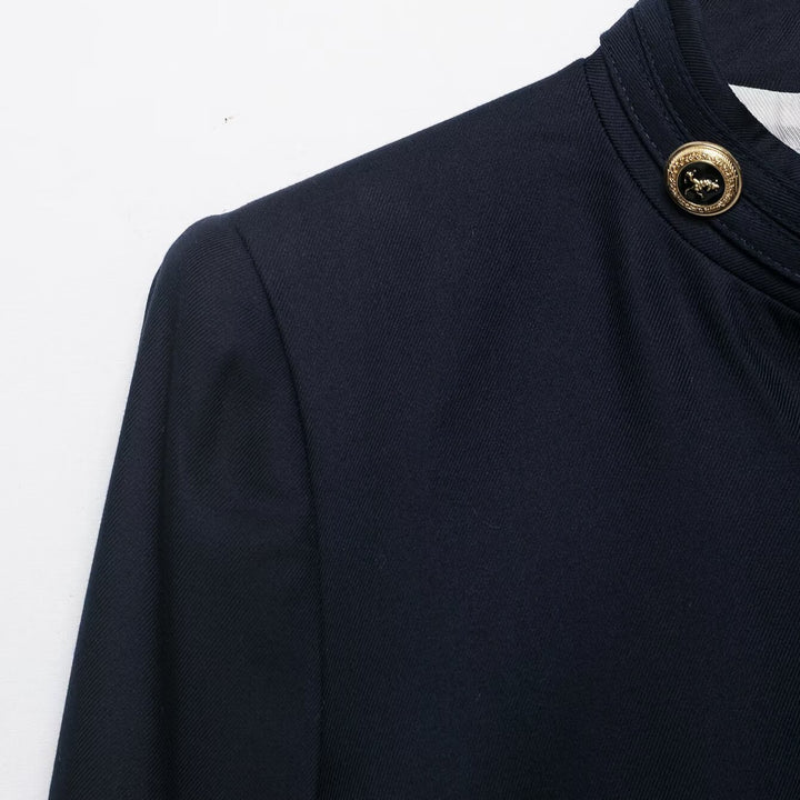 Women's Collarless Short Blazer with Stand Collar and Golden Decorative Buttons Mune Fashion