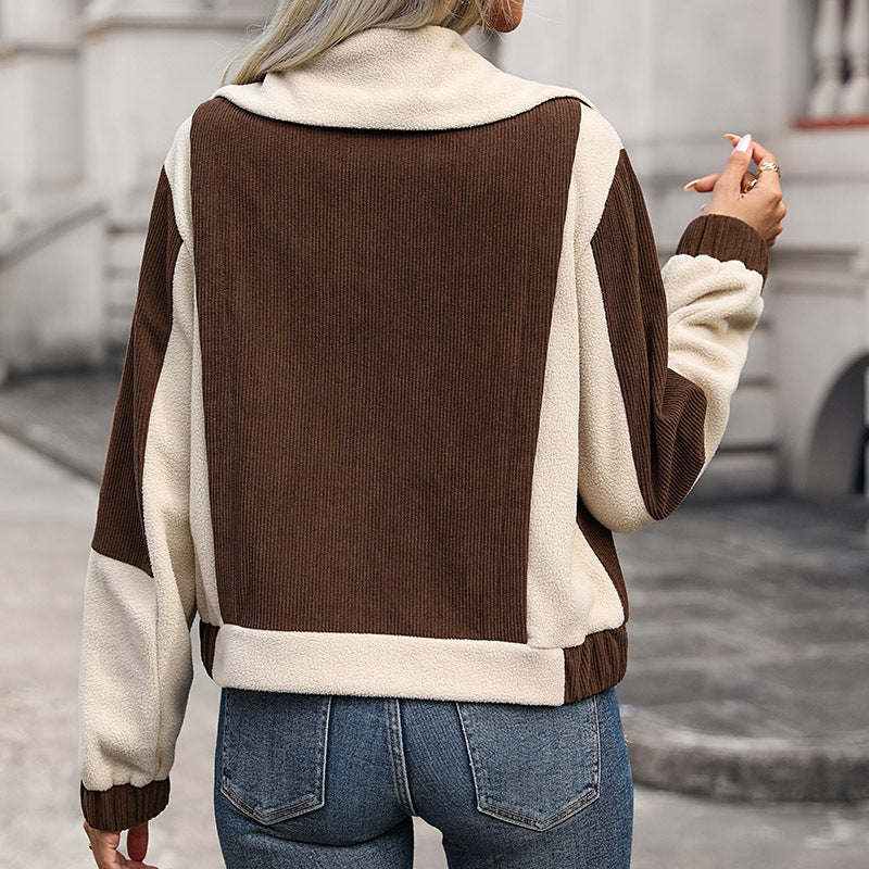 Women Oversize Fleece Jacket with Cord Inserts, Stand Collar and Snap Button Pockets Mune Fashion