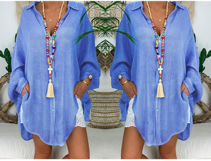 Women’s lightweight linen tunic with knot front and lace shorts Mune Fashion