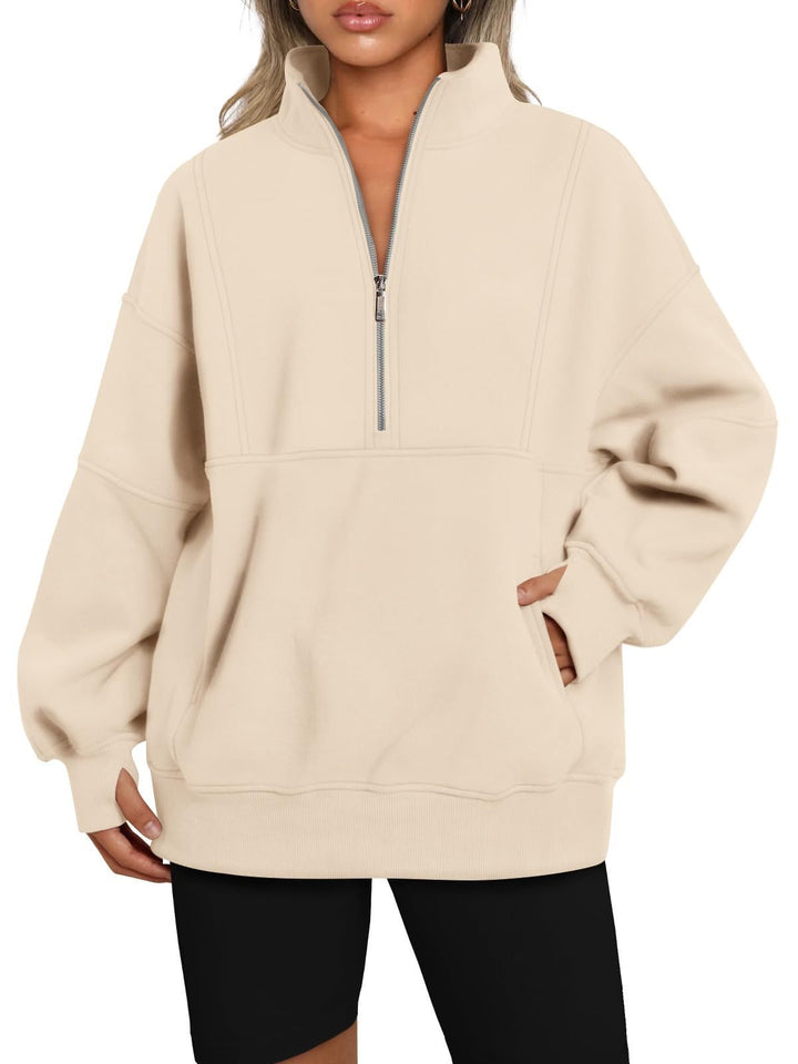Women's Oversized Sweatshirt with Half Zipper, Stand-Up Collar and Kangaroo Pocket Mune Fashion