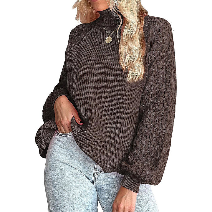 Women's fine knit sweater with turtleneck and voluminous cable pattern sleeves Mune Fashion