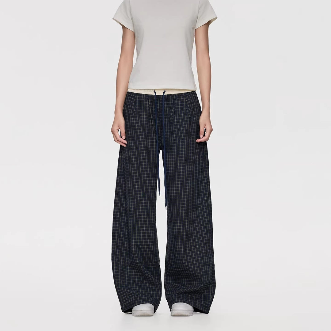 Ladies Wide Relaxed Lounge Pants with Drawstring Waist, Checkered Pattern & Pockets Mune Fashion