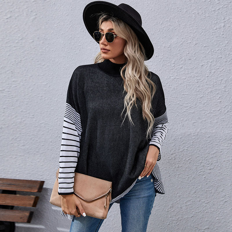 Women’s Oversized Knit Sweater with Stand-Up Collar and Striped Raglan Sleeves Mune Fashion