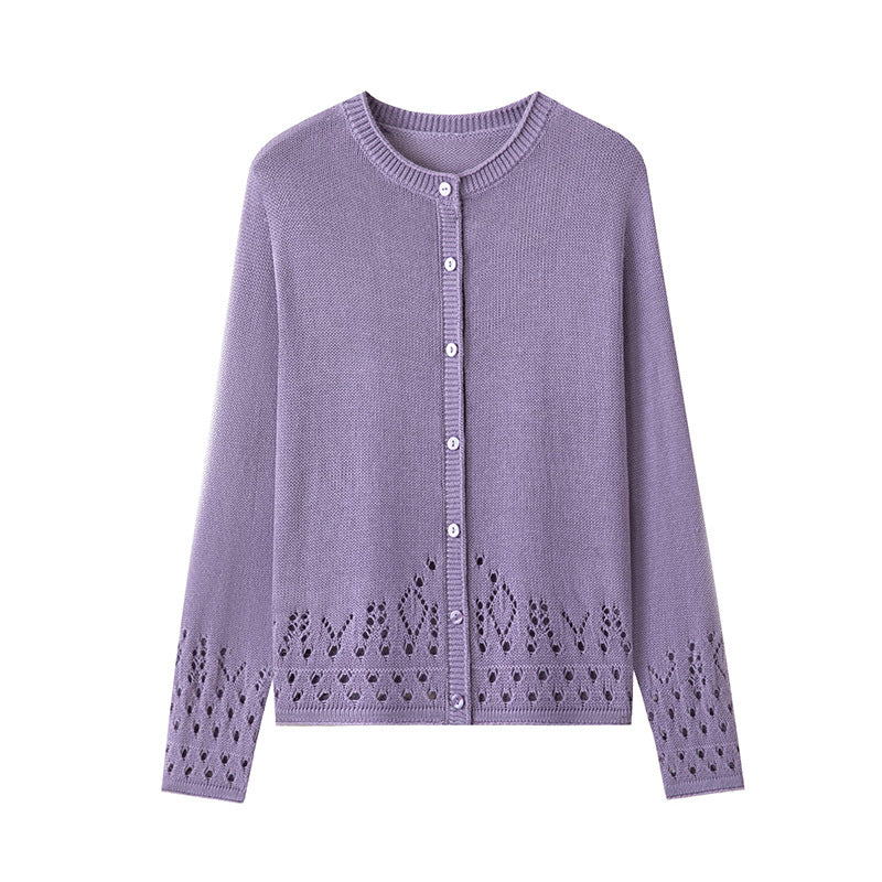 Women Fine Fine Knit Cardigan with Lace Pattern at the Hem and Round Neckline Mune Fashion