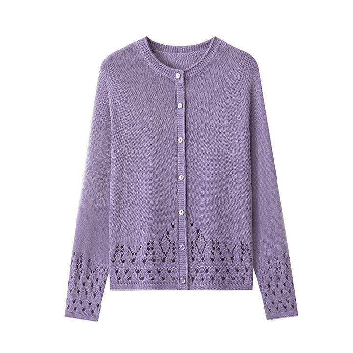 Women Fine Fine Knit Cardigan with Lace Pattern at the Hem and Round Neckline Mune Fashion
