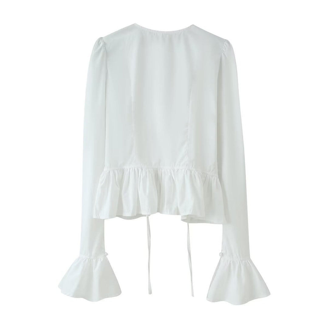 Ladies ruffle blouse with drawstring, flounce hem and bell sleeves Mune Fashion
