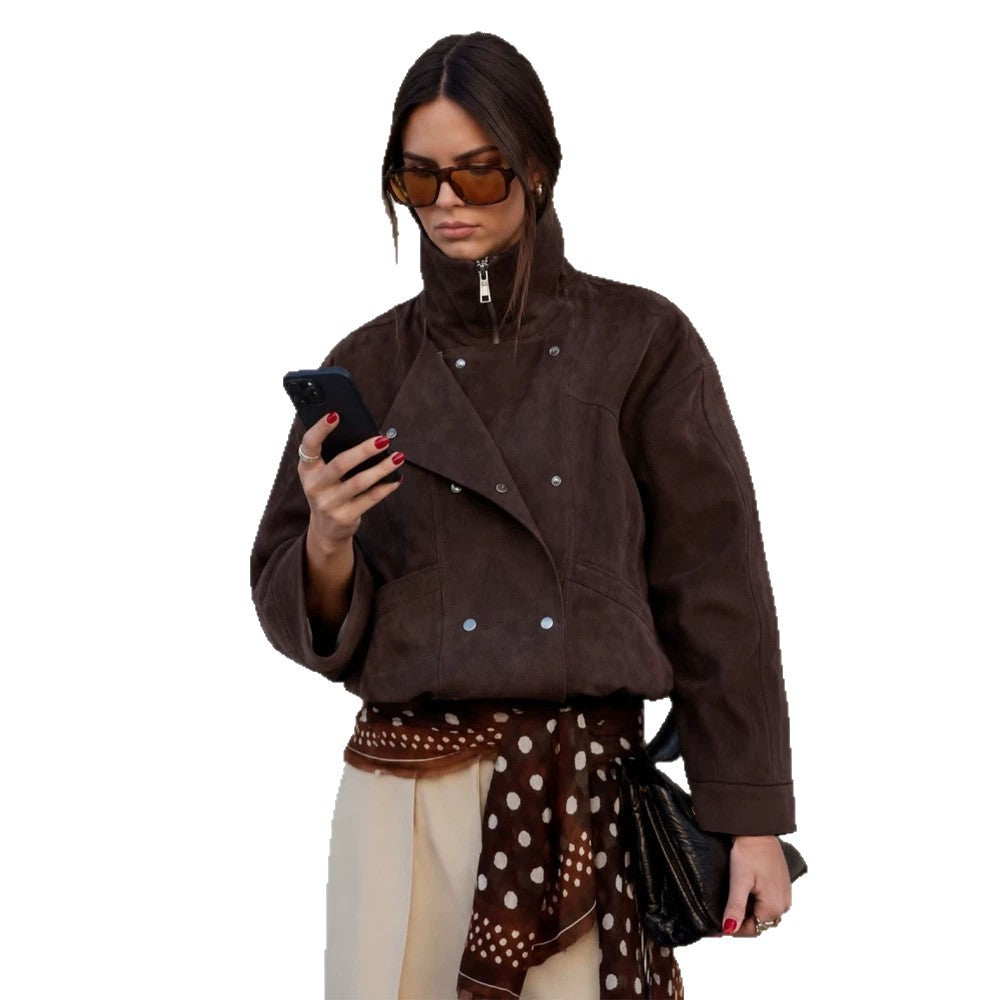 Women's Short Bomber Jacket made of Suede Leather with High Stand-up Collar and Boxy Silhouette Mune Fashion