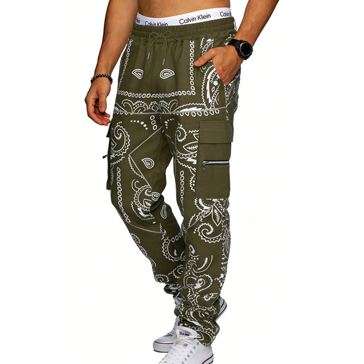 Men's Cargo Jogging Pants with Paisley Pattern, Elastic Waistband, Multiple Zipper and Flap Pockets Mune Fashion