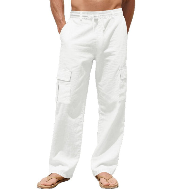 Men's loose cargo beach pants made of linen blend with elastic waistband and adjustable drawstring Mune Fashion