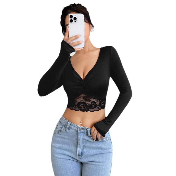 Ladies nan tailored long sleeve crop top with deep V-neck, gathering and lace hem Mune Fashion