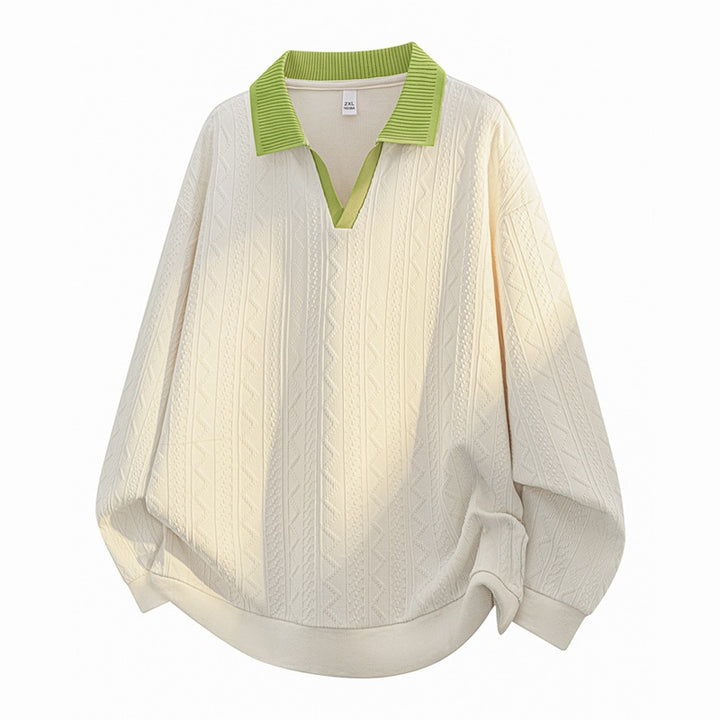 Men's Oversize Knit Polo with Textured Knit, Open V-Neck and Ribbed Collar Mune Fashion