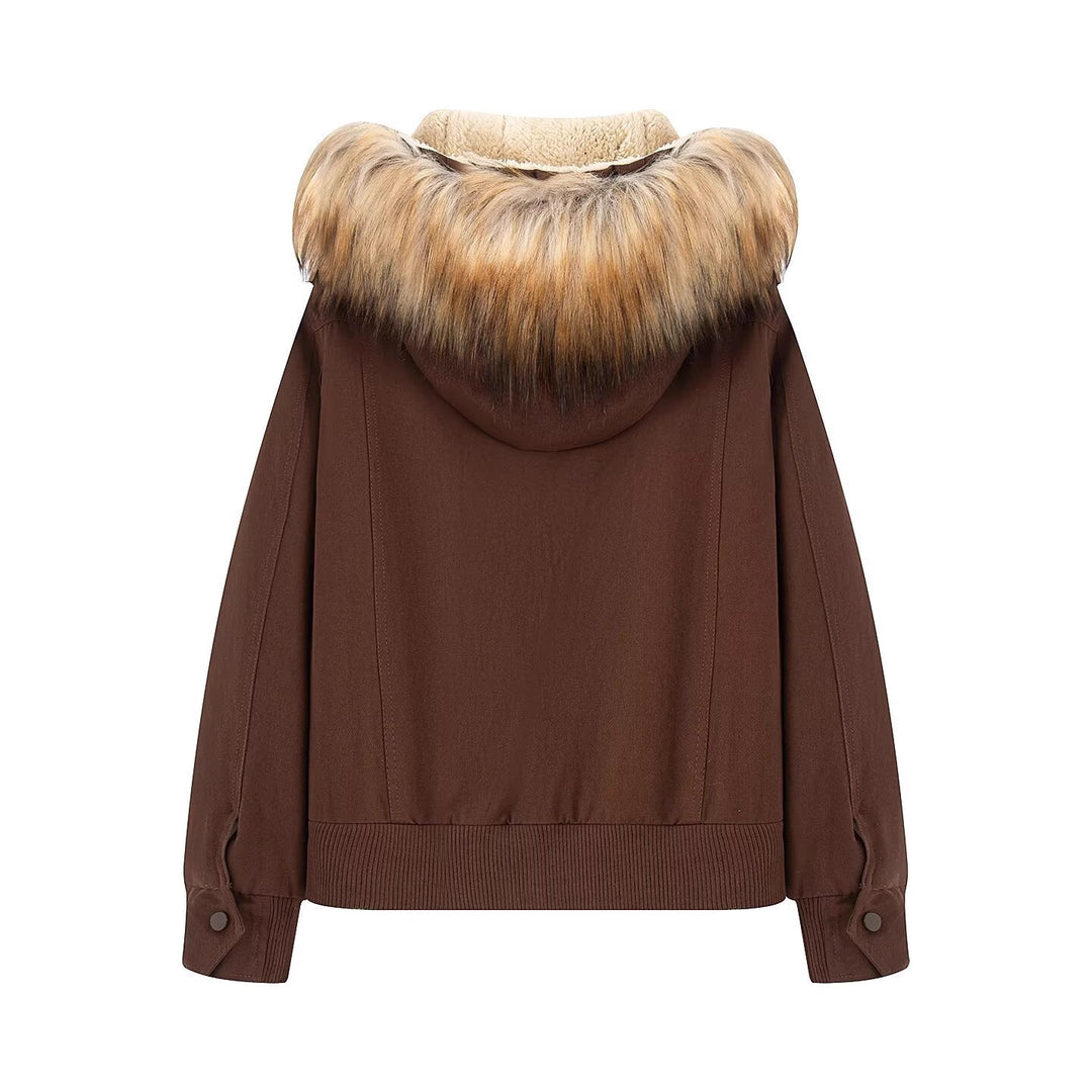 Women's Padded Bomber Jacket with Hood and Removable Faux Fur Collar Mune Fashion