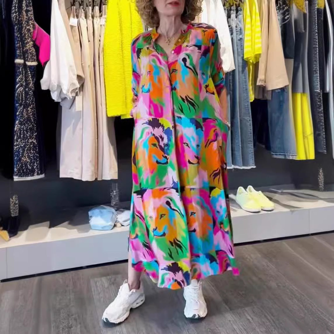 Women's shirt dress maxi dress with pop art lion print, button placket and side pockets Mune Fashion