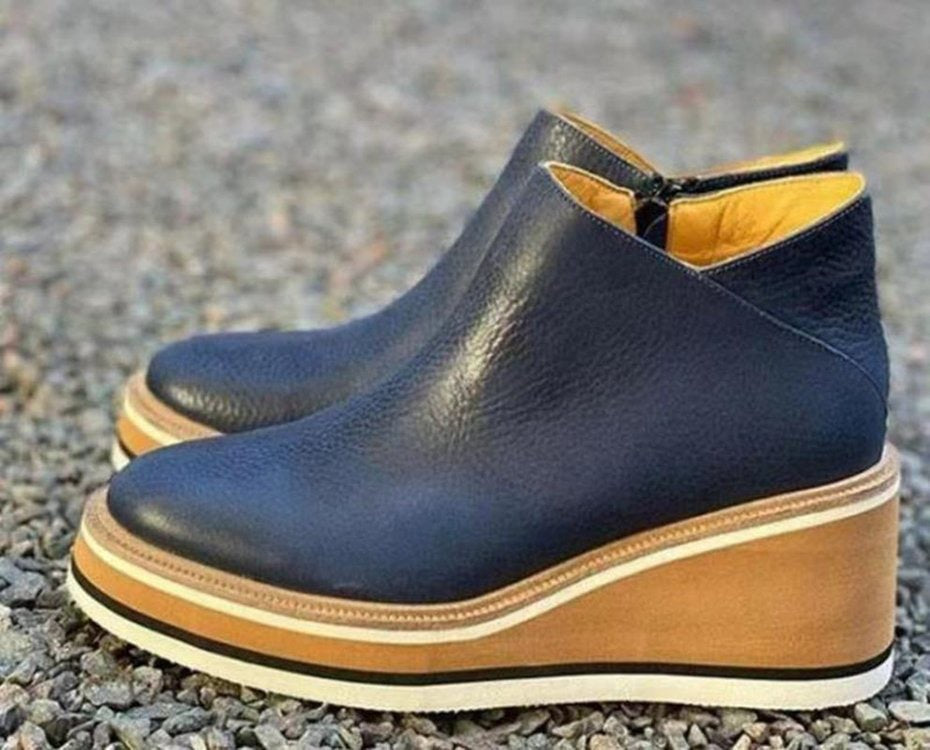 Damen Keilabsatz-Stiefeletten mit Plateau, Slip-On-Design und weichem Lederfinish Mune Fashion