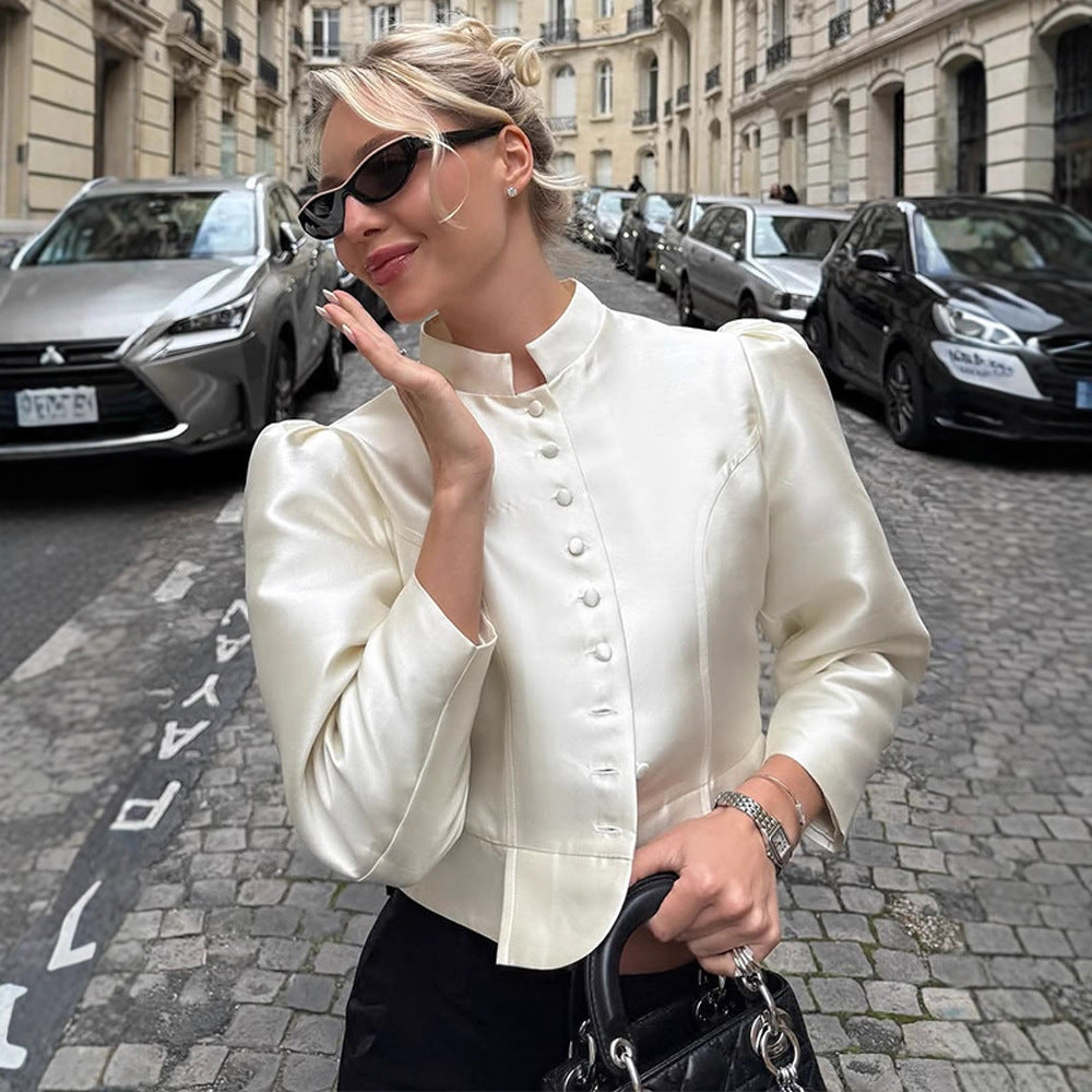 Women Tailored Satin Bolero Jacket with Stand-up Collar & Emphasized Puff Sleeves Mune Fashion