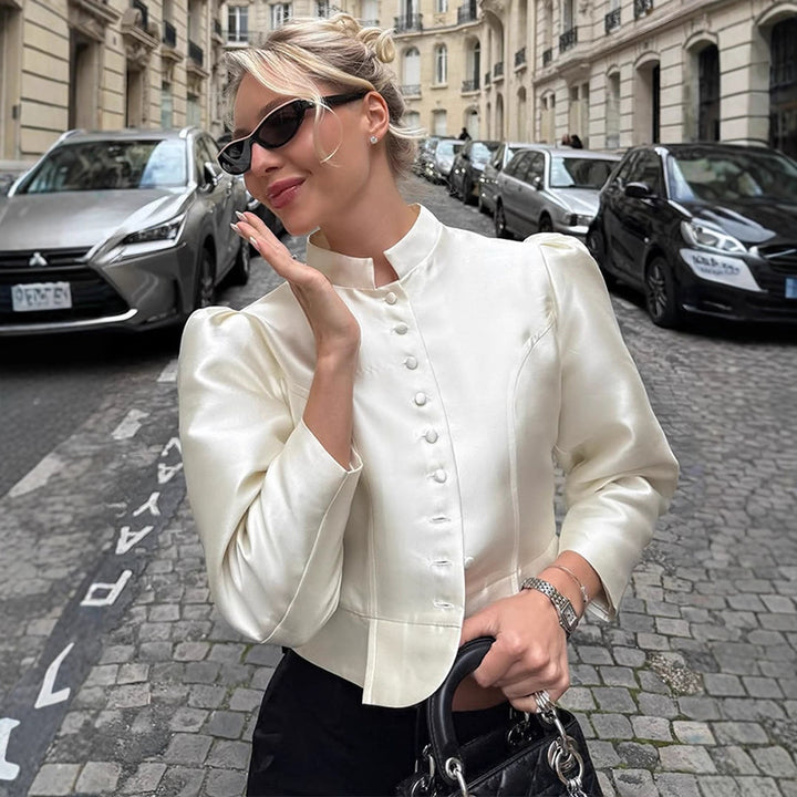 Women Tailored Satin Bolero Jacket with Stand-up Collar & Emphasized Puff Sleeves Mune Fashion