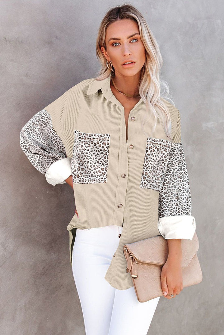 Ladies oversized shirt blouse with textured fabric and leopard print inserts Mune Fashion