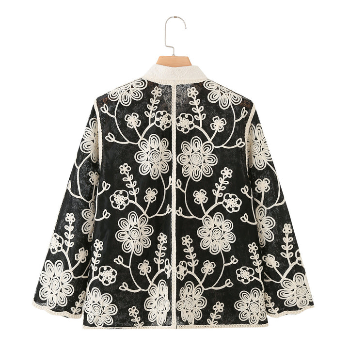 Women's Embroidered Lace Blouse with Crochet Appliqués and Shirt Collar Drune