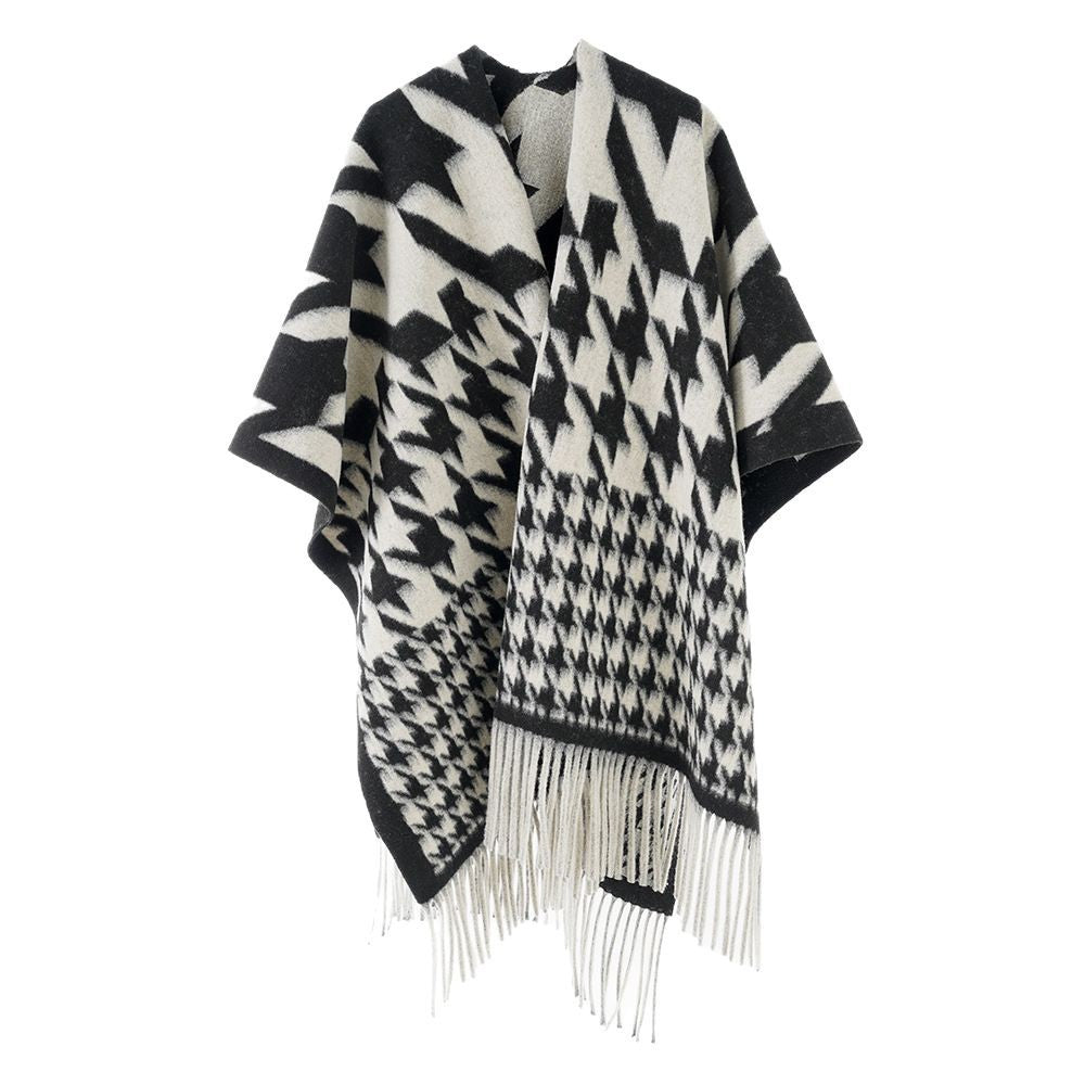 Women Wool Blend Poncho with Houndstooth Pattern and Fringe Hem Mune Fashion