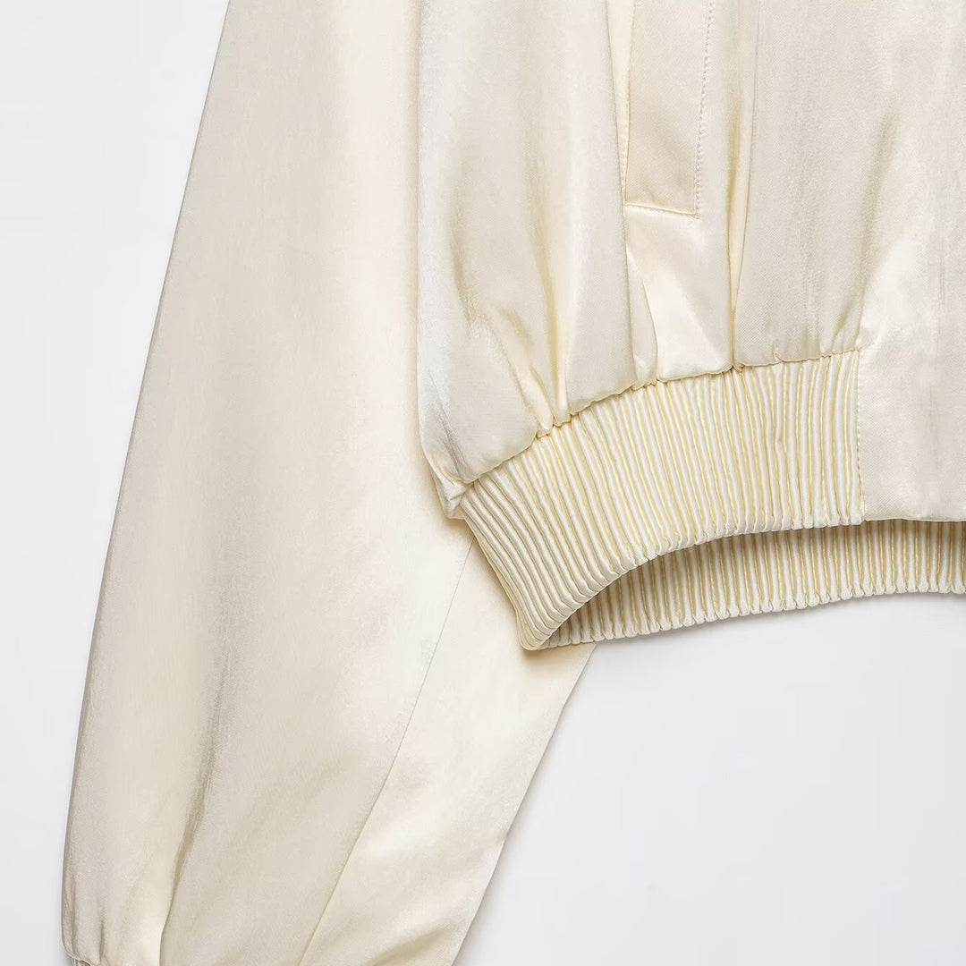 Women's Short Satin Bomber with Oversized Balloon Sleeves and Ribbed Collar Drune