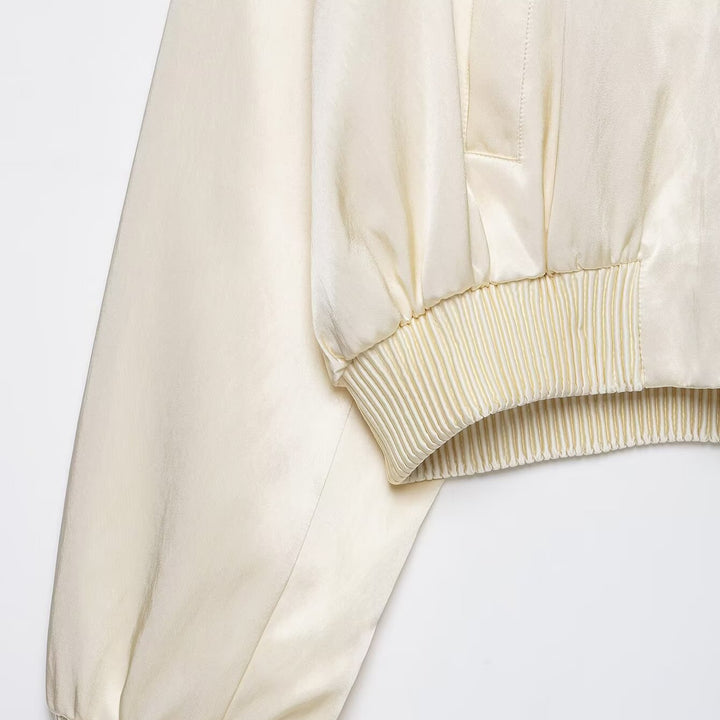 Women's Short Satin Bomber with Oversized Balloon Sleeves and Ribbed Collar Drune
