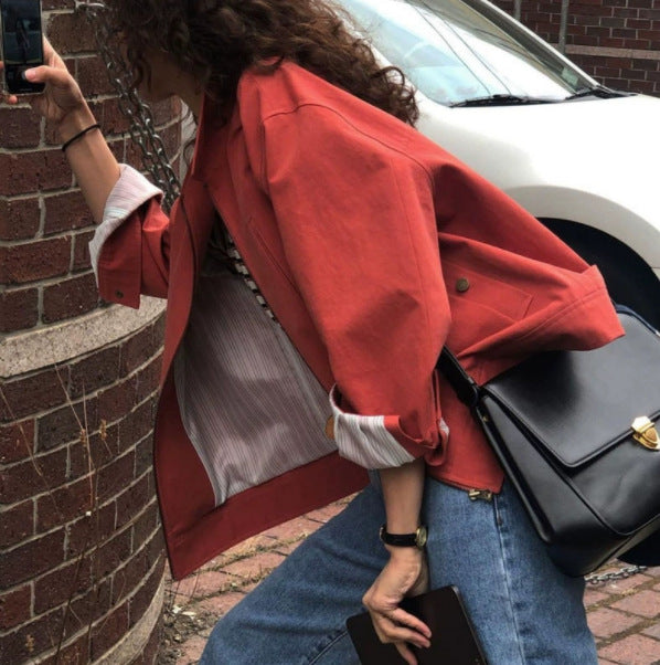 Women's Short Cut Oversized Canvas Jacket with Contrast Lining and Cuffed Sleeves Mune Fashion