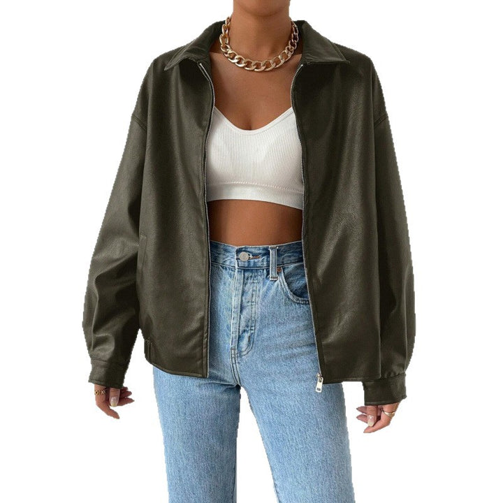 Women Oversized Faux Leather Blouson with Zipper and Shirt Collar Mune Fashion
