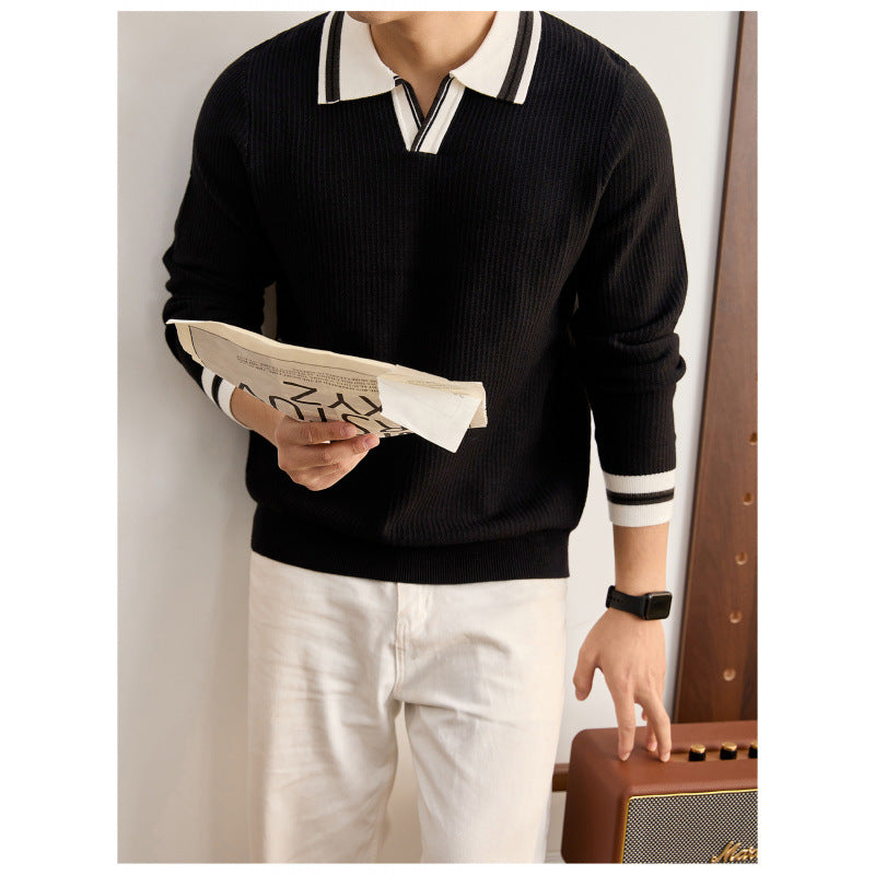 Men's fine knit polo with V-neck, ribbed structure and contrasting cuffs Mune Fashion