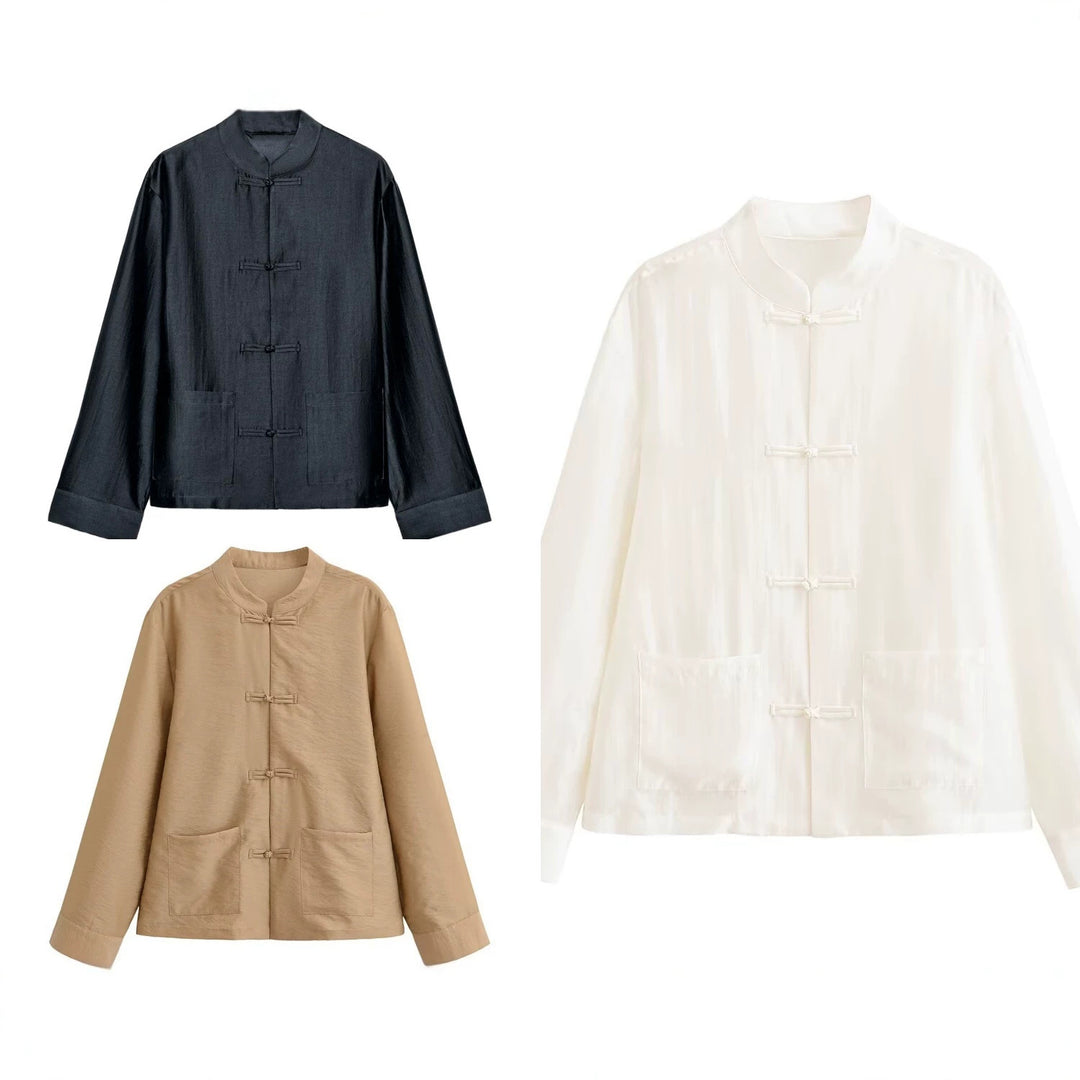 Women loosely cut jacket with mandarin collar and knot closures Mune Fashion