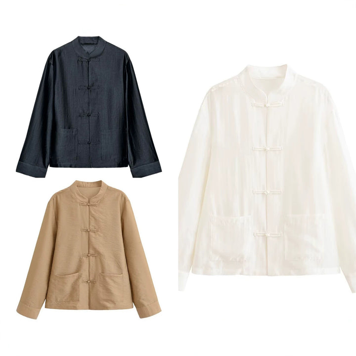 Women loosely cut jacket with mandarin collar and knot closures Mune Fashion