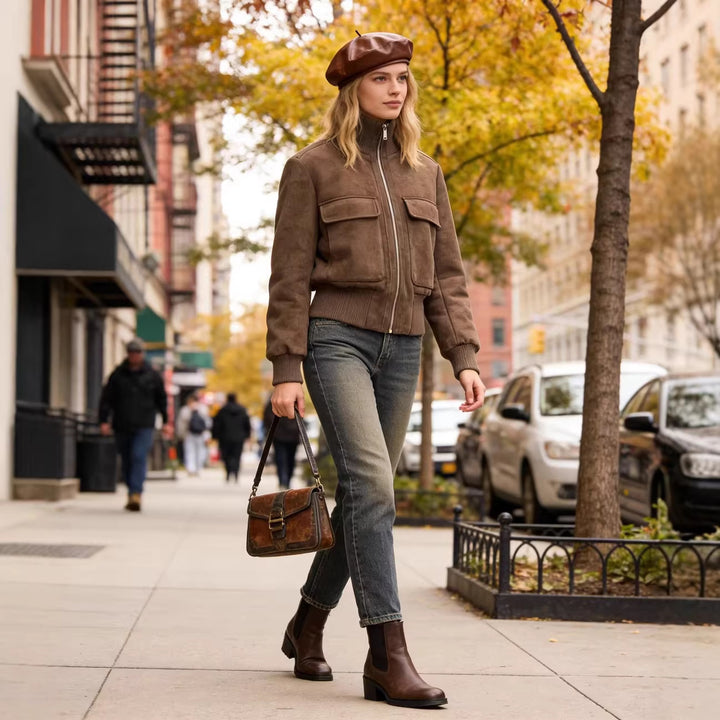 Women Short Cut Suede Look Bomber Jacket with Stand-Up Collar and Large Flap Pockets Mune Fashion