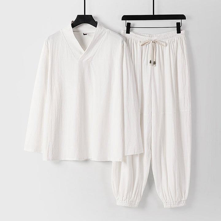 Men's Loose Linen Loungewear Set with V-Neck Elastic Waist and Gathered Ankles Mune Fashion
