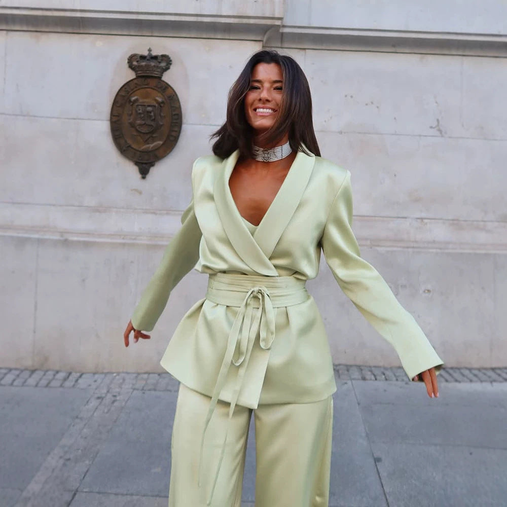 Women's Satin Two-Piece with Fitted Wrap Blazer and Wide Palazzo Pants Mune Fashion