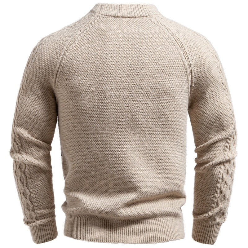 Men's pullover made of textured knit with round neck, attached chest pocket and cable pattern sleeves Mune Fashion