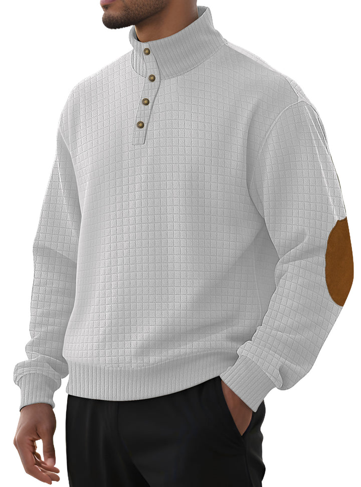 Men's plaid quilted sweatshirt with Henley placket, high stand-up collar, and velour elbow patches Mune Fashion