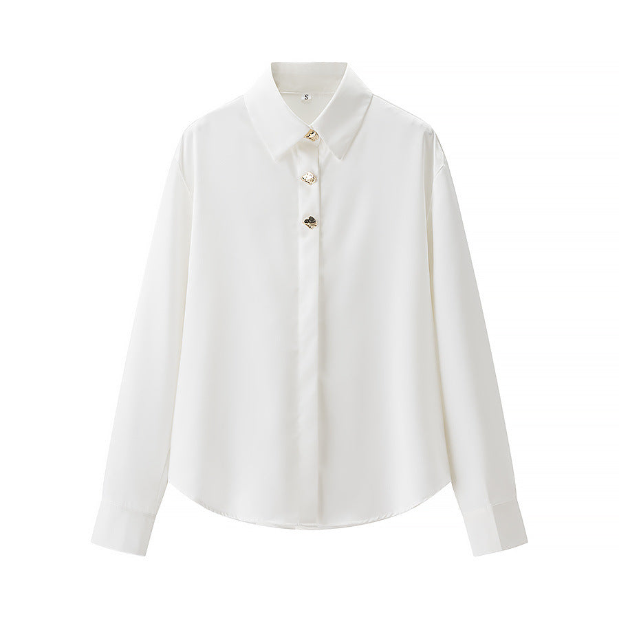 Women's luxury silk-like blouse with decorative button placket and classic collar Mune Fashion