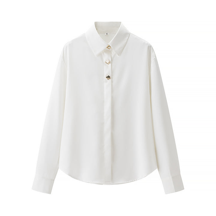Women's luxury silk-like blouse with decorative button placket and classic collar Mune Fashion
