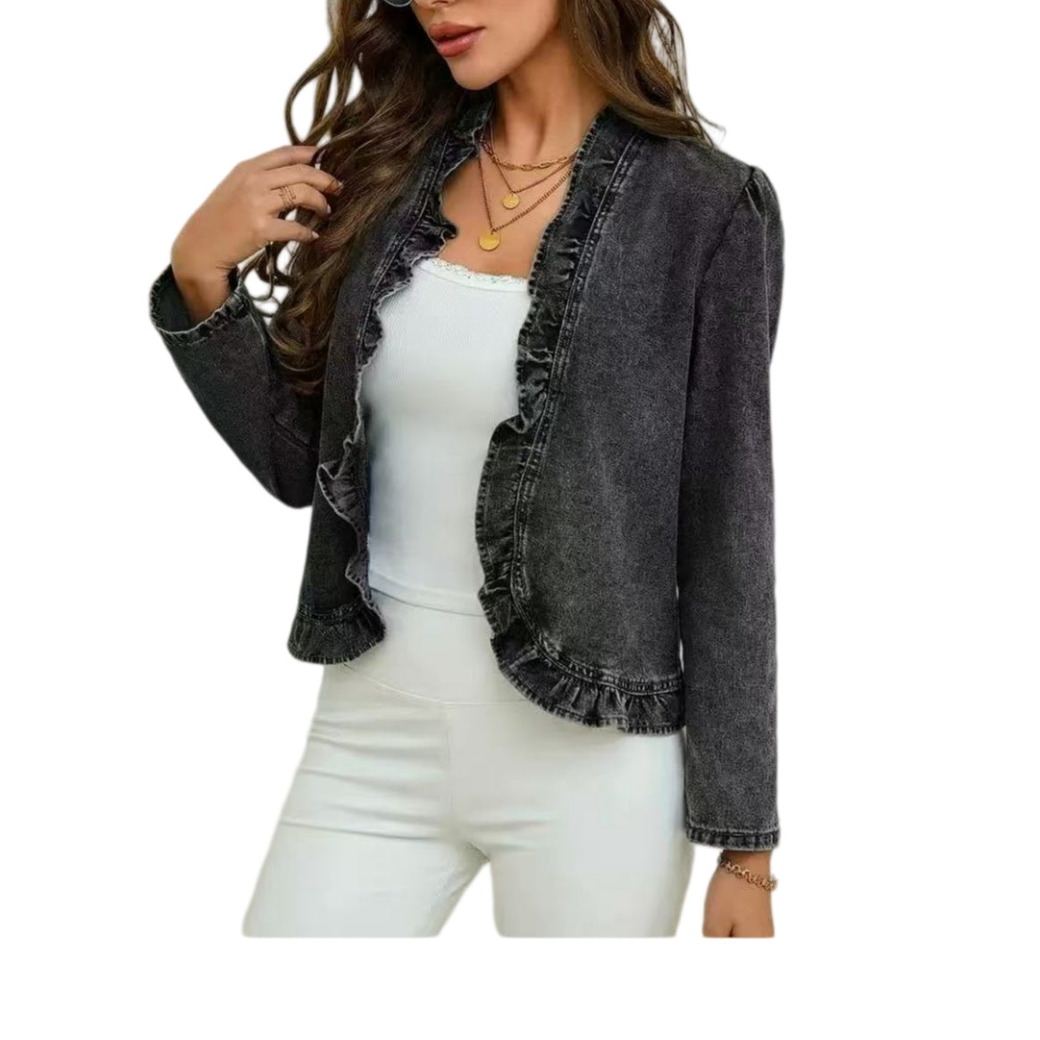 Women's tailored denim jacket with ruffled edges Mune Fashion