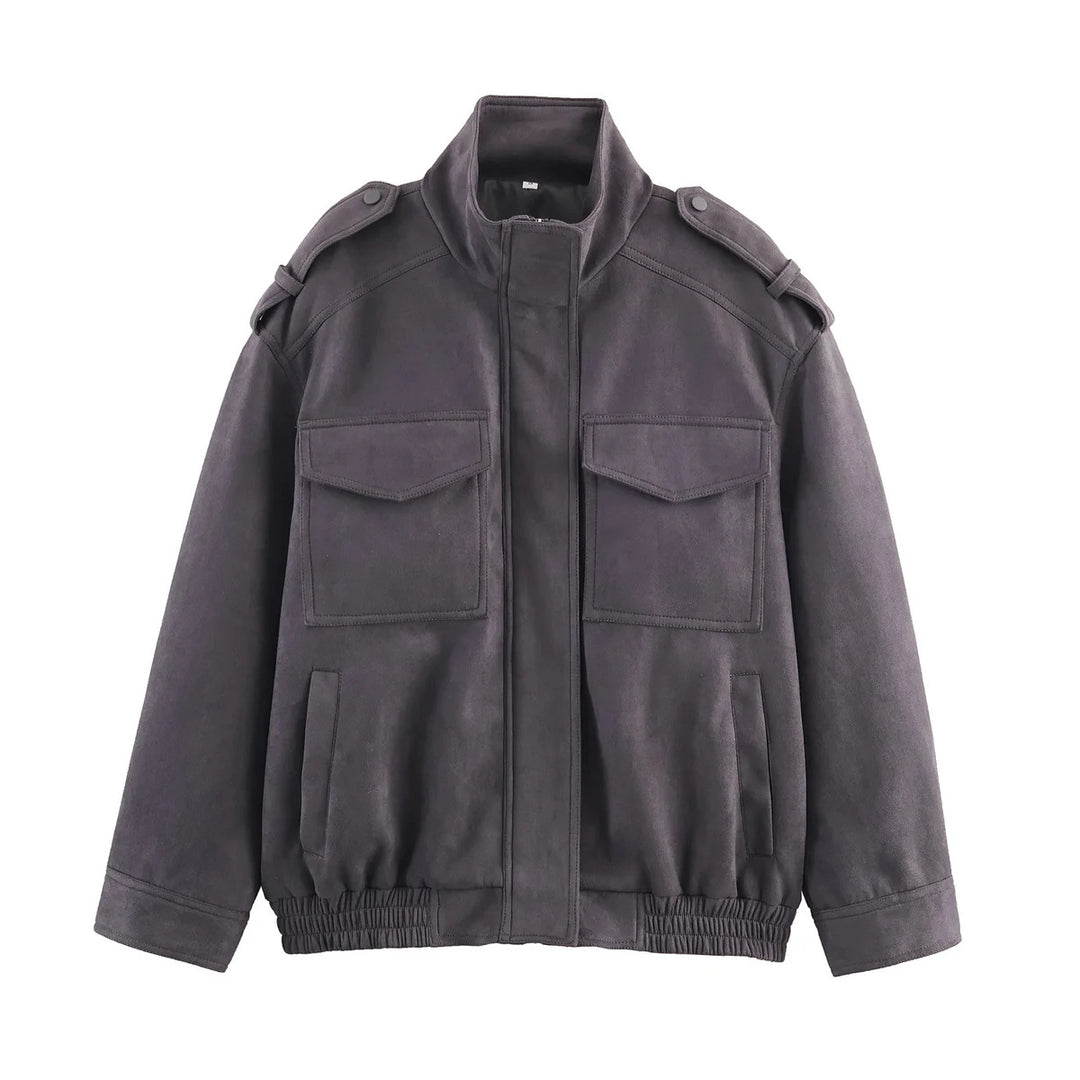 Men's nan utility field jacket with shoulder flaps, appliqué patch pockets, concealed zipper, and elastic hem Mune Fashion