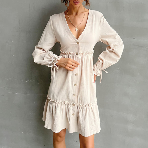 Women Button-Midi Dress with V-Neck, Ruffle Waist and Tie Sleeves Mune Fashion