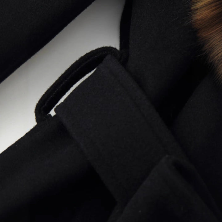 Ladies' elegant short coat with voluminous faux fur shawl collar and shaping tie belt Mune Fashion