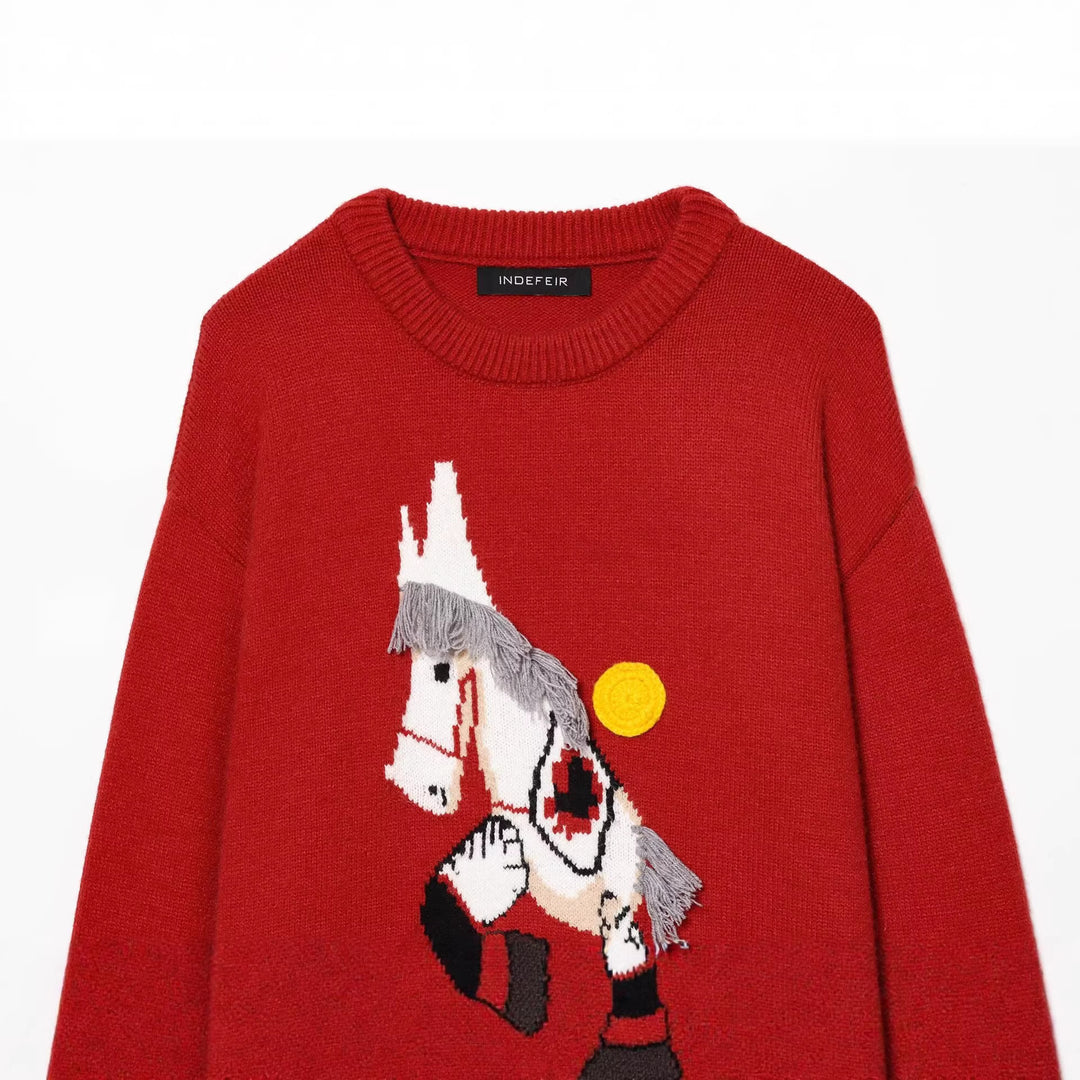 Women's knitted sweater with horse motif and fringe appliqué, oversized round neck Mune Fashion