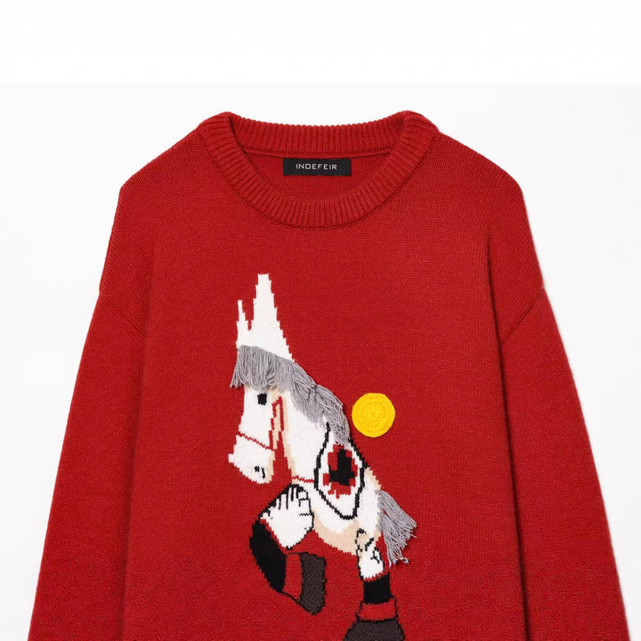 Women's knitted sweater with horse motif and fringe appliqué, oversized round neck Mune Fashion