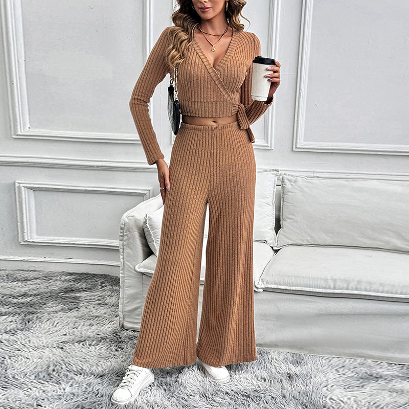 Women Knitted Two-Piece Set with Wrap Cropped Cardigan and High-Waisted Wide Ribbed Trousers Mune Fashion