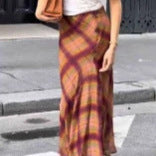 Women Flowing Checked Maxi Skirt with Tailored Trumpet Silhouette Mune Fashion